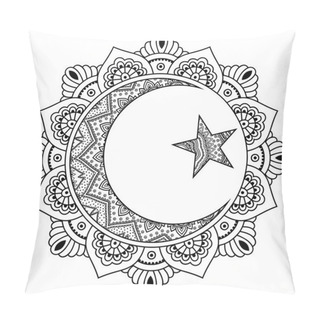 Personality A Circular Pattern In The Form Of A Mandala.Religious Islamic Symbol Of The Star And The Crescent. Decorative Sign For Making And Tattoos. Eastern Muslim Symbol. Mehndi Style. Pillow Covers