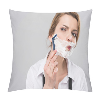 Personality  Businesswoman Shaving Face Her Face, Isolated On Grey, Feminism Concept Pillow Covers
