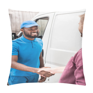 Personality  Multicultural Courier And Client Shaking Hands Near Van Pillow Covers
