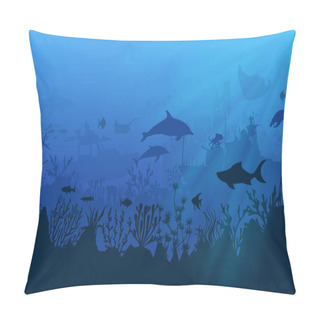 Personality  Silhouette Of Coral Reef With Dolphin, Shark, Stingray, Turtle And Shipwrecks On The Blue Seabed. Underwater Background Vector Illustration. Pillow Covers