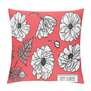 Personality  Decorative Poppy Flowers Set, Design Elements. Can Be Used For Cards, Invitations, Banners, Posters, Print Design. Floral Background In Line Art Style Pillow Covers