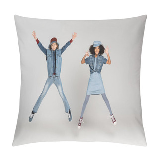 Personality  Excited African American Girl Showing Okay Signs While Jumping Near Happy Friend On Grey Pillow Covers