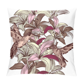 Personality  Seamless Wallpaper Pattern With Lily Flowers And Hummingbirds Pillow Covers