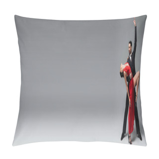 Personality  Professional Ballroom Dancer Posing While Dancing Tango With Partner On Grey Background, Banner  Pillow Covers