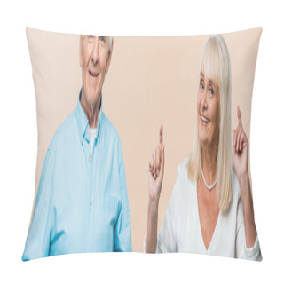 Personality  Panoramic Shot Of Happy Retired Woman Pointing With Fingers Near Husband Isolated On Beige  Pillow Covers