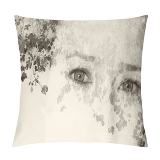 Personality Double Exposure Image Of Young Girl And Nature Background. Black And White Style Photo Pillow Covers