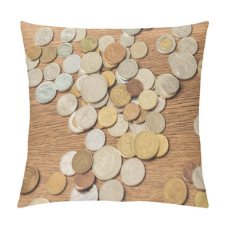 Personality  Selective Focus Of Different Silver And Golden Coins On Wooden Background Pillow Covers