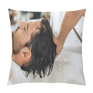 Personality  Cropped Shot Of Hairstylist Washing Hair To Handsome Young Man In Beauty Salon   Pillow Covers