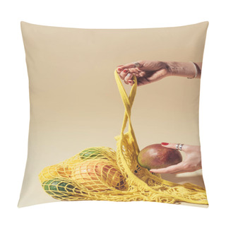 Personality  Cropped Shot Of Person Holding Yellow String Bag And Fresh Fruits On Brown   Pillow Covers