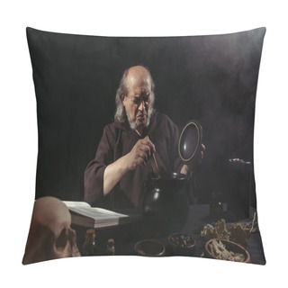 Personality  Medieval Alchemic Frowning Near Steaming Pot On Black Background  Pillow Covers