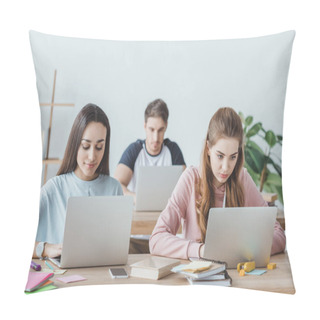 Personality  Young Multiethnic Students Sitting At Tables And Studying With Laptops Pillow Covers