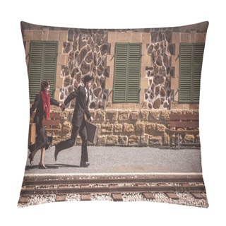 Personality  Young Couple With Vintage Suitcase Running Fast Outside A Train Station To Catch The Last Train For Journey. Pillow Covers