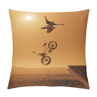 Personality  Cyclist Going Off Jump Into Water In Brown Tones Pillow Covers