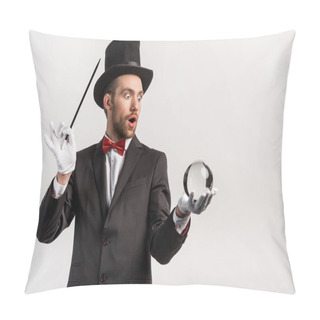 Personality  Shocked Magician Holding Wand And Magic Ball, Isolated On Grey Pillow Covers