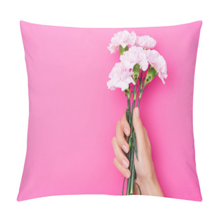 Personality  Top View Of Female Hand With Pastel Fingernails And Carnation Flowers On Pink Background Pillow Covers
