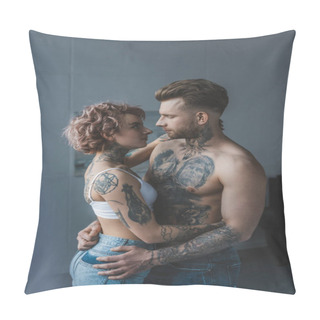 Personality  Young Tattooed Couple Embracing In Bedroom Pillow Covers