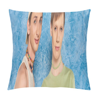 Personality  Young Lgbtq Friends With Colorful Beads And Casual Clothes Looking At Camera While Standing Together On Mottled Blue Background During Pride Month, Banner  Pillow Covers