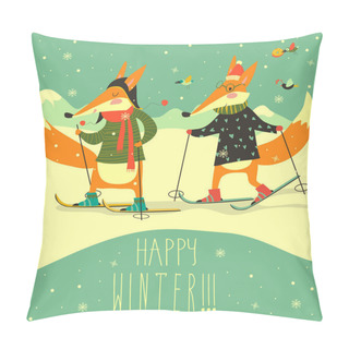 Personality  Cute Foxes Skiing On The Piste Pillow Covers
