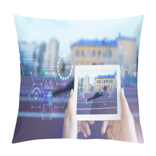 Personality  A Futuristic Sportswoman, Uses Augmented Reality Digital Tablet. Sports Display Pillow Covers