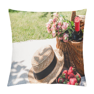 Personality  Wicker Basket With Roses And Bottle Of Wine On White Blanket Near Straw Hat And Strawberries At Sunny Day In Garden Pillow Covers