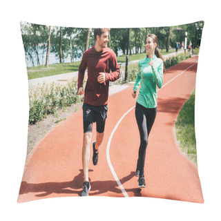 Personality  Sportswoman Smiling At Boyfriend While Running On Track In Park  Pillow Covers