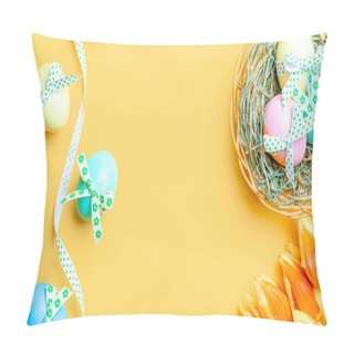 Personality  Egg Color. Happy Easter Decoration: Colorful Egg With Tape Ribbon, Spring Tulips, White Feathers On Pastel Yellow Background. Foil Minimalist Egg Design, Modern Top View Template Pillow Covers