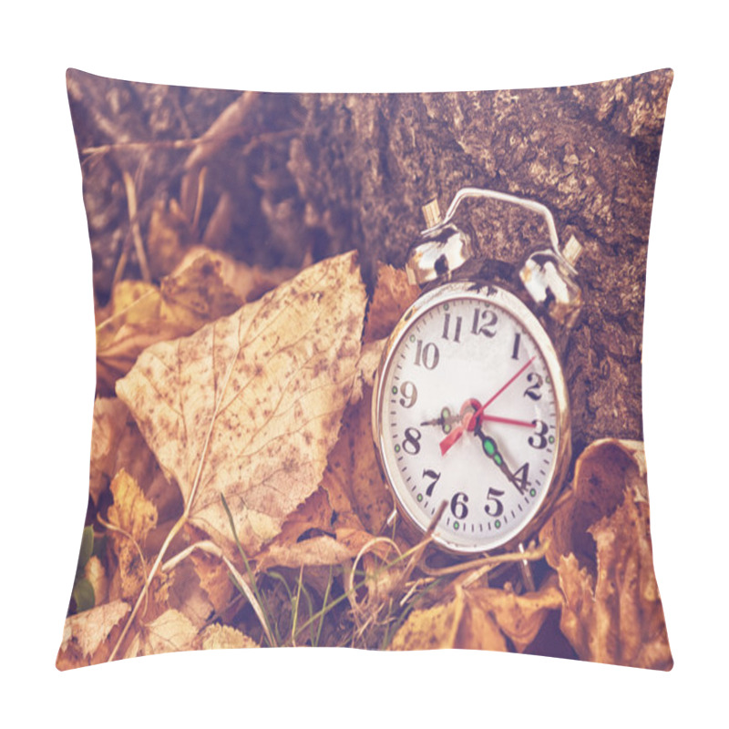 Personality  Vintage Alarm Clock In Dry Autumn Leaves Pillow Covers