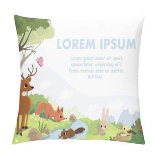 Personality  Cartoon Vector Animals. Forest Fauna. Forest Inhabitants. Green Valley Landscape And River, Forest And Mountains. Northern National Park. Little Brown Baby Bambi Deer. Flat Vector. Pillow Covers