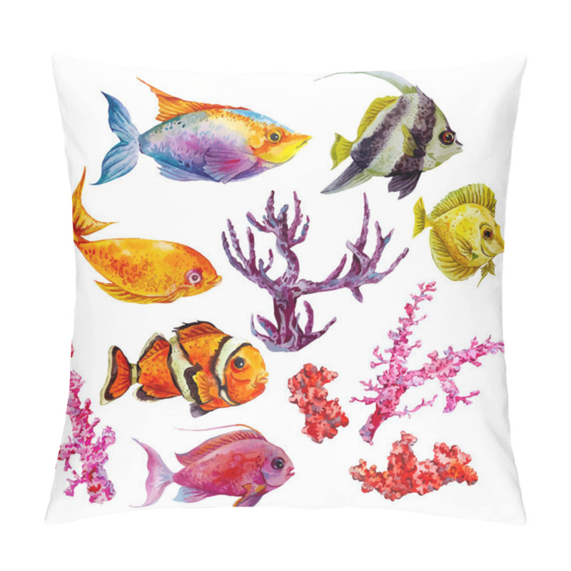 Personality  Marine set of Watercolor Vector Tropical Fish, Seaweed Coral Algae and Jellyfish pillow covers