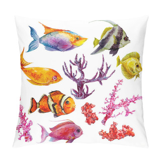 Personality  Marine Set Of Watercolor Vector Tropical Fish, Seaweed Coral Algae And Jellyfish Pillow Covers