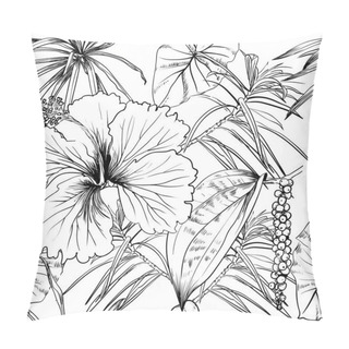 Personality  Tropical Exotic Flowers And Leaves. Seamless Pattern. Coloring Book Pillow Covers