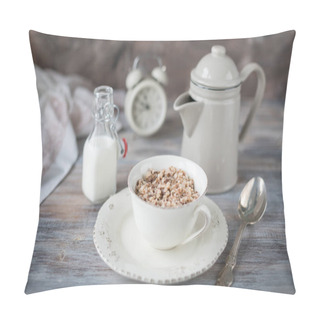 Personality  Buckwheat Porridge With Milk On Wooden Background. Pillow Covers