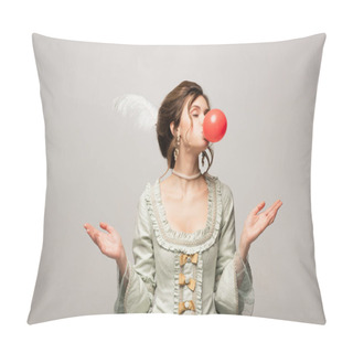 Personality  Elegant Woman In Vintage Outfit Blowing Red Bubble Gum Isolated On Grey Pillow Covers