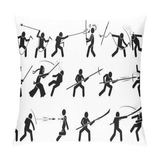 Personality  Man Attacking Opponent With Traditional Japanese Melee Fighting Weapons. Pillow Covers