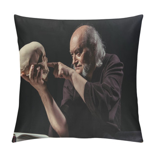 Personality  Senior Medieval Philosopher Pointing At Human Skull Isolated On Black Pillow Covers