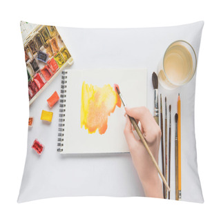 Personality  Top View Of Female Hands Drawing In Album With Watercolor Paints And Paintbrush Pillow Covers