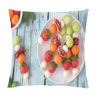 Personality  Plate Of Delicious Summer Fruit Skewers With Melon, Cheese And Prosciutto On A Rustic Blue Wood Background Pillow Covers