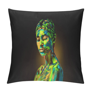 Personality  Portrait Of Beautiful Woman With Colorful Ultraviolet Paints On Body On Black Backdrop Pillow Covers