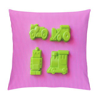 Personality  Top View Of Green Toy Robot Near Plastic Vehicles On Violet Textured Background Pillow Covers