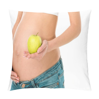 Personality  Cropped View Of Pregnant Woman Touching Belly And Holding Green Apple Isolated On White Pillow Covers