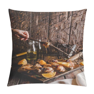 Personality  Cropped Shot Of Woman Pouring Honey Onto Delicious Grilled Meat Pillow Covers