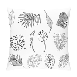 Personality  Palm Leaves Set. Hand Drawn Black And White Illustration. Exotic Tropical Hawaiian Summer. Palm, Protea, Strelitzia, Monstera, Colladium. Jungle Botanical. Black And White Ink Engraving. Element. Pillow Covers