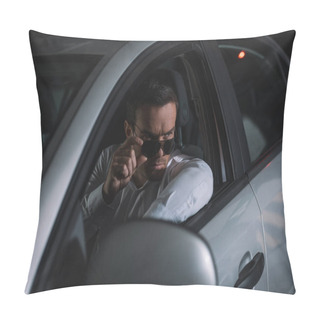 Personality  Serious Male Undercover Agent Doing Surveillance From Car Pillow Covers
