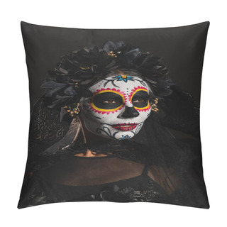 Personality  Portrait Of Woman In Dark Wreath With Veil And Spooky Sugar Skull Makeup Isolated On Black Pillow Covers