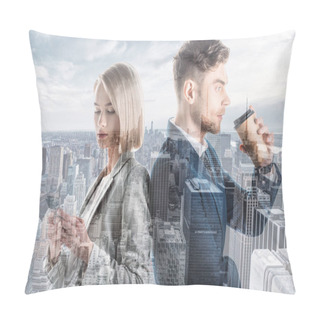 Personality  Double Exposure Of Handsome Businessman And Pretty Businesswoman And New York Cityscape Pillow Covers