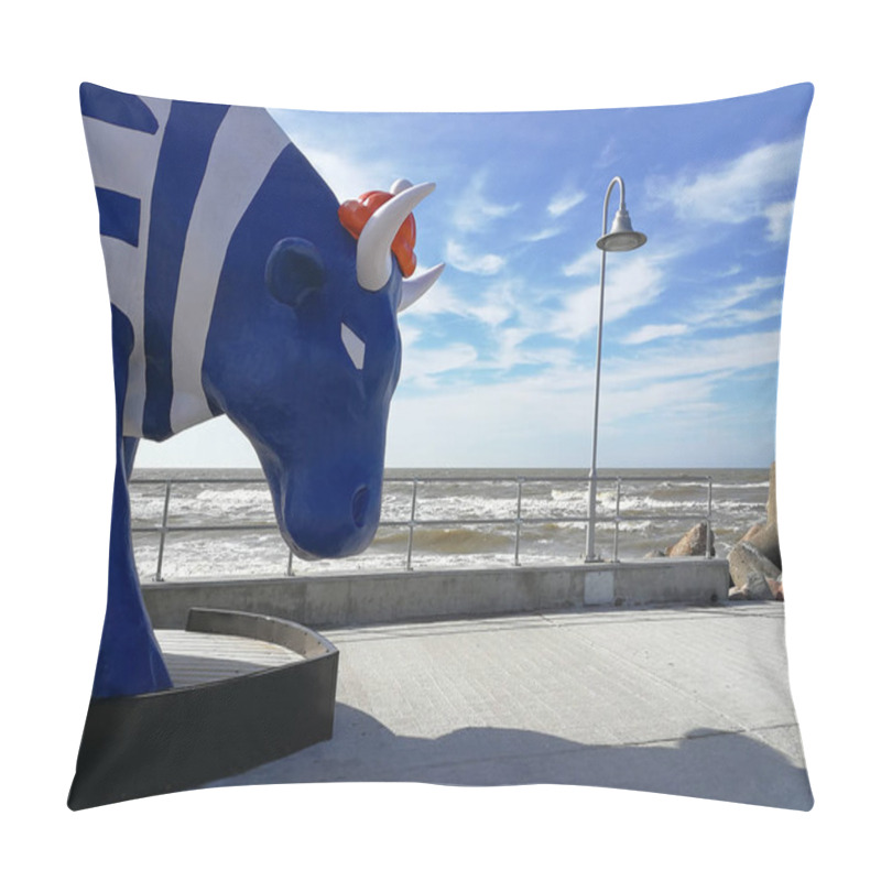 Personality  Cow In A Stripy T-shirt Is A Symbol For Latvian Sailors. Ventspils Is The City Of Seamen. Bull With Horns That Stands Against The Baltic Sea. Pillow Covers