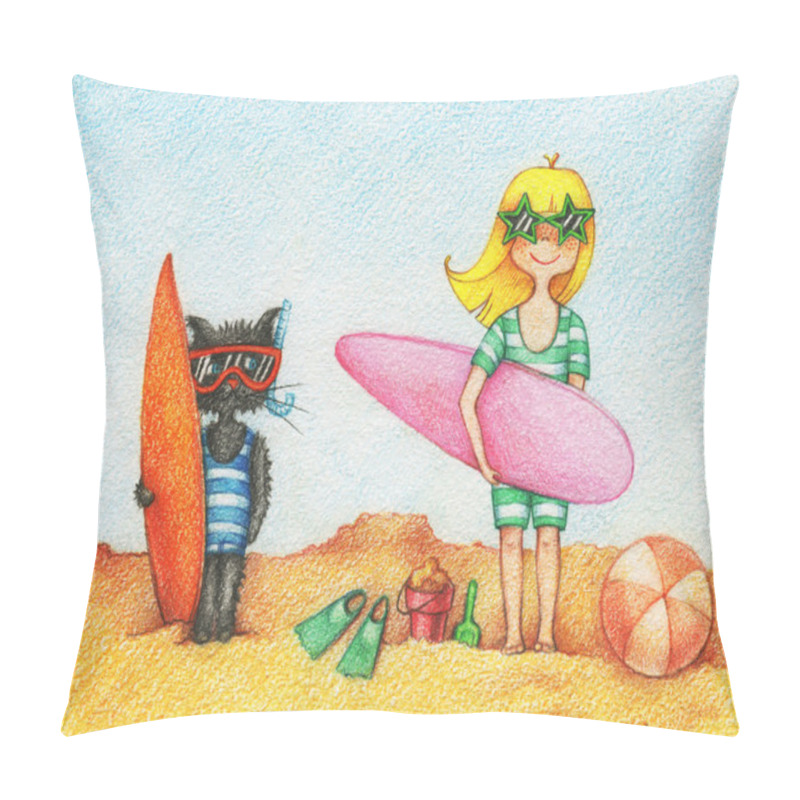 Personality  Girl And Cat With Surfboards Pillow Covers