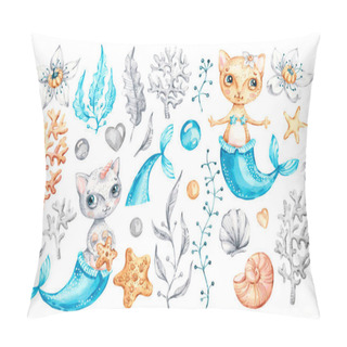 Personality  Cat Mermaid Unicorn Baby Cute Girl. Watercolor Nursery Cartoon Sea Animals, Marine Magic Life. Pillow Covers