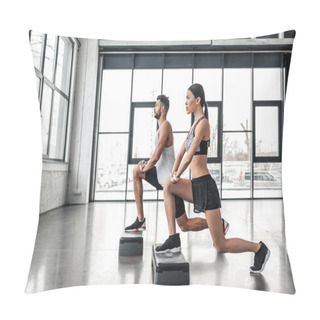 Personality  Side View Of Sportive Young Man And Woman Training With Step Platforms In Gym  Pillow Covers