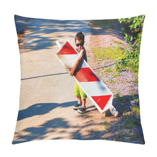 Personality  Little Boy Is Carrying A Construction Site Barrier Across The Street. To Overcome Difficulties Pillow Covers